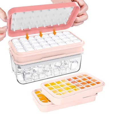 LunaLulinlk Freezer Ice Tray with Lid, Makes 64 Ice Cubes, Includes 2 Ice Trays, Ice Box, Ice Scoop and Lid, BPA Free, Pink