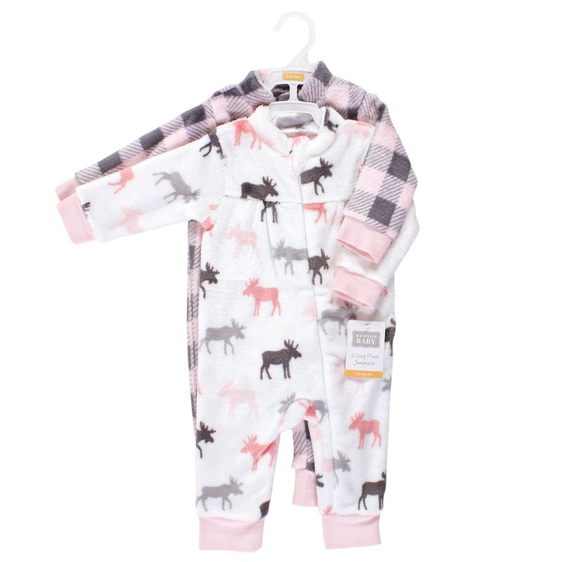 Hudson Baby Infant Girl Plush Jumpsuits, Pink Moose, 3 of 6