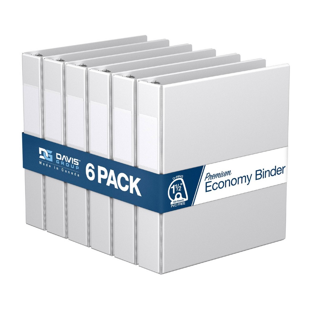 Davis Group 6pk 1.5" Premium Economy Angled D-Ring Binder White: 350 Sheet Capacity, Hard Cover, 2 Pockets, Polypropylene