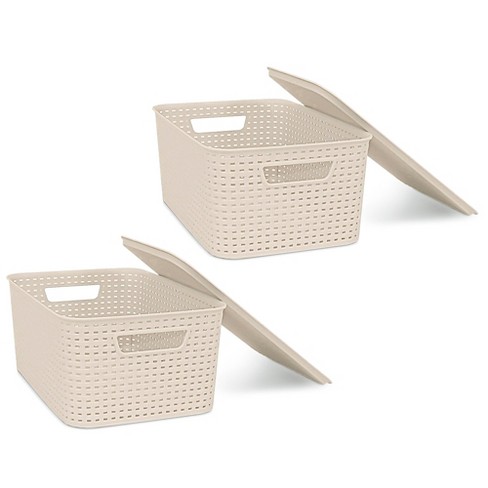 YBM Home Plastic Rattan Storage Box Basket Organizer for Bathroom, Large,  Beige 
