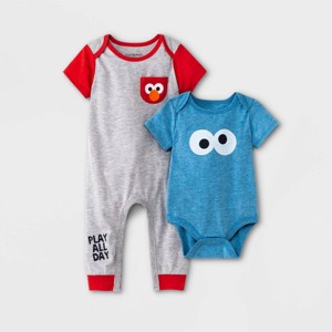 Baby Boys' 2pk Sesame Street Romper Set - Heather Gray - 1 of 4