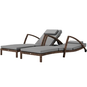 Set of 2 Wicker Chaise Lounge Chair Outdoor Patio Lounger with 5 Adjustable Back, Wheels, Cushion, and Armrests - 1 of 4