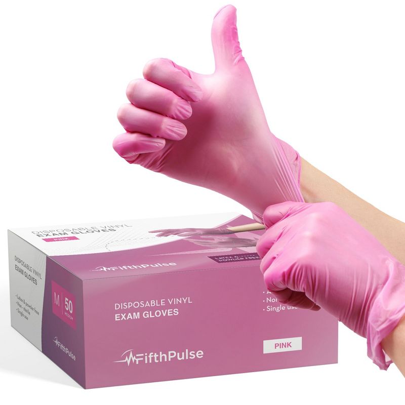 FifthPulse Disposable Vinyl Exam Gloves, Pink, Box of 50 - Powder-Free, Latex-Free, 3-Mil Thickness, 1 of 8