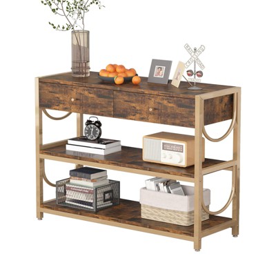 GustoWave Console Table with Drawer, Entryway Table with 3 Tier Storage Shelves, Narrow Long Sofa Tables for Living Room, Metal Frame, Retro