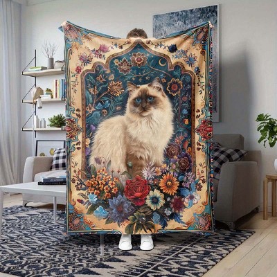 Ragdoll Cat Floral Tapestry Design Flannel Throw Blanket, Seasonal All-Purpose Polyester Comfort for Home, Christmas Gift.