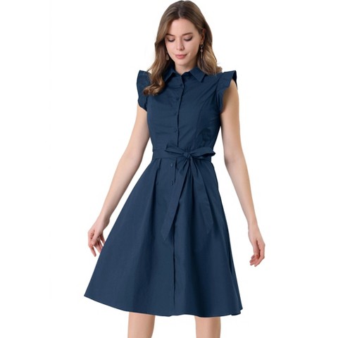 Женские платья INSPIRE CHIC Women's Cotton Ruffled Cap Sleeve Tie Waist Button Casual Office Shirt Dress X-Large Navy Blue