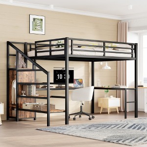 Queen Size Loft Bed with L-shaped Desk, Wardrobe and Adjustable Shelf - 1 of 4