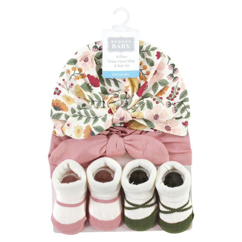 Hudson Baby Infant Girl Turban and Socks Set, Fall Botanical, One Size, 2 of 5