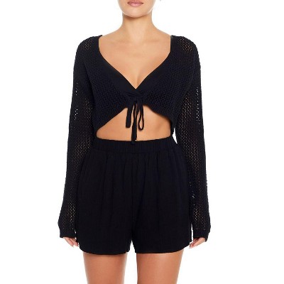 Womens V Neck Dress Long Sleeve Lace Up Cropped Knit Cardigan