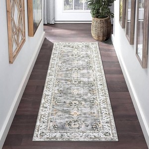 Vintage Floral Washable Runner Rug, Low Pile with Non-Slip Rubber Backing, Ideal for Kitchen, Hallways, Entryway, Living Room, and Bedroom Use. - 1 of 4
