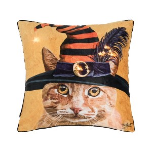 C&F Home 18" x 18" Witch Cat Light-Up LED Halloween Throw Pillow by Two Can Art - 1 of 4