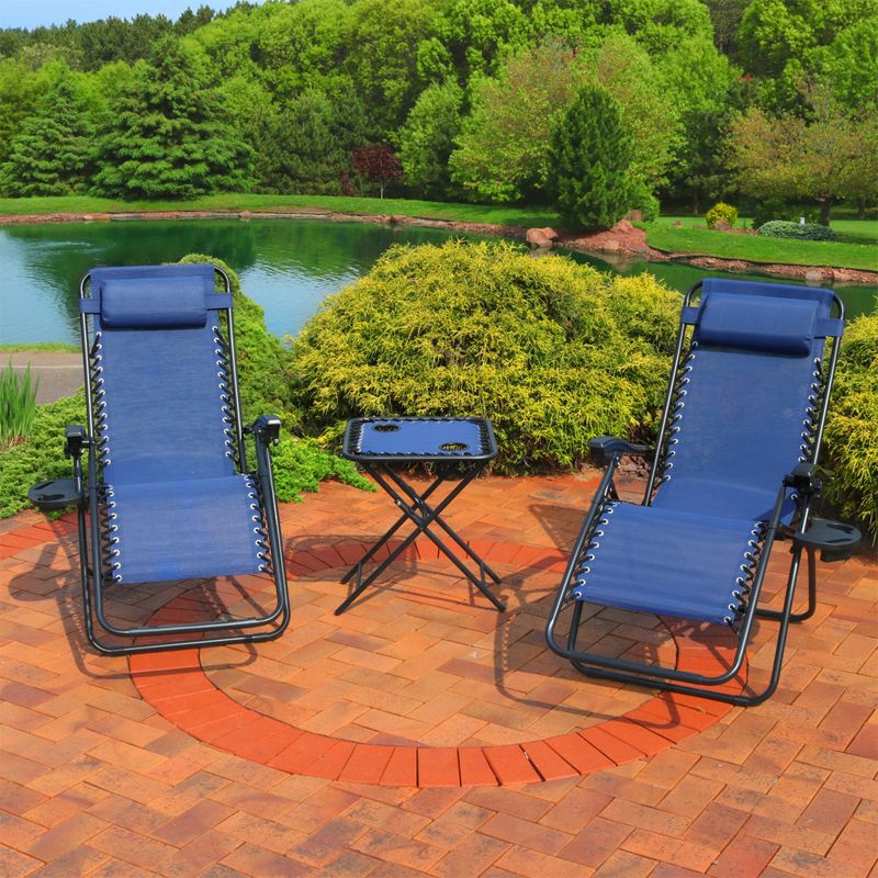 Sunnydaze Outdoor Fade-Resistant Zero Gravity Reclining Lounge Chairs with Pillows, Cup Holders and Matching Tables - Navy Blue - 2-Pack, 2 of 12