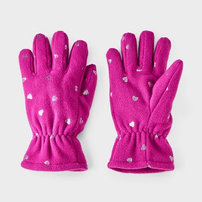 Image of Girls' Fleece Heart Print Regular Gloves - Cat & Jack™ Magenta 4-7