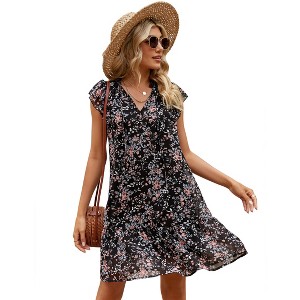 Clearlove Women's Babydoll Mini Dress Summer V Neck Sleeveless Flutter Sleeve Boho Floral Flowy Shift Short Dress. - 1 of 4