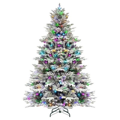 Zoplite 6.5'/7.5' Premium Prelit Snow Flocked Christmas Tree with 11 Modes LED Lights, Branch Tips, Metal Stand and Hinged Branches