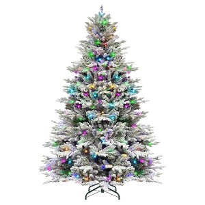 Zoplite 6.5'/7.5' Premium Prelit Snow Flocked Christmas Tree with 11 Modes LED Lights, Branch Tips, Metal Stand and Hinged Branches - 1 of 4