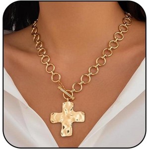 Gold Chunky Cross Necklace for Women Statement Cross Pendant Necklace Layered Hammered Bold Cross Necklace Vintage Toggle Clasp Necklace Jewelry - 1 of 4