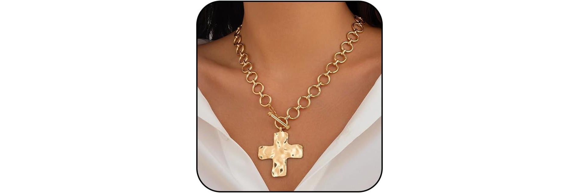 Gold Chunky Cross Necklace for Women Statement Cross Pendant Necklace Layered Hammered Bold Cross Necklace Vintage Toggle Clasp Necklace Jewelry