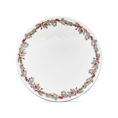 tag Farmhouse Christmas White with Red Holly Stoneware Pedestal Cake Plate, 14.0"