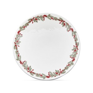 tag Farmhouse Christmas White with Red Holly Stoneware Pedestal Cake Plate 14.0" - 1 of 4