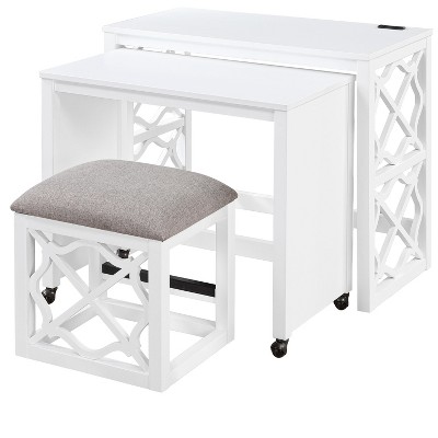 Vynxaria 3pc Desks and Stool Set with Rolling Desk, Casters & 2 Charging Ports, Home Office Furniture