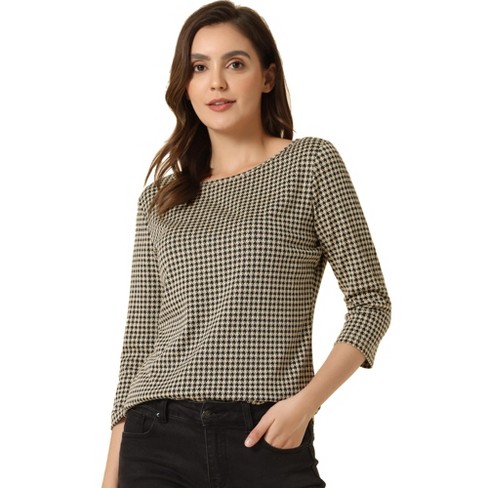 Allegra K Women's Work Office 3/4 Sleeve Boat Neck Houndstooth Printed ...