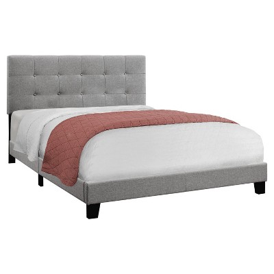 Monarch Specialties Bed Queen Size Platform Bedroom Frame Upholstered Linen Look Wood Legs Grey Transitional