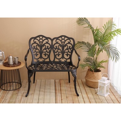Dracelo Patio Garden Bench Metal Park Bench Cast Aluminum Outdoor Furniture with Floral Rose, Black