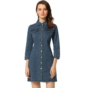 INSPIRE CHIC Women's 3/4 Sleeve Button Down Denim Shirt Dress - 1 of 4
