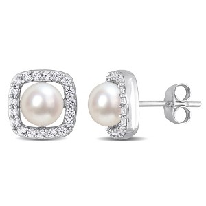 EVERLY JEWELRY | 10k White Gold 6 - 6.5 MM Cultured Freshwater Pearl and 3/8 CT TGW Created White Sapphire Halo Stud Earrings - 1 of 4