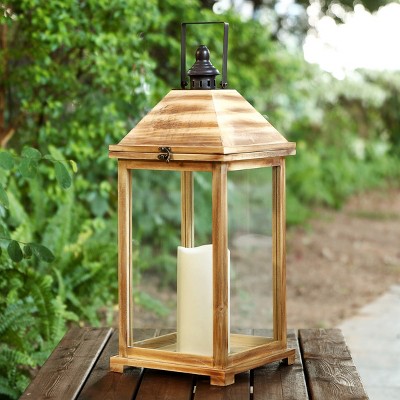 Elida Light Brown Wood Outdoor Candle Lantern