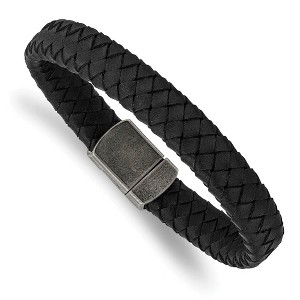 Black Bow Jewelry 11mm Antiqued Stainless Steel & Black Leather Woven Bracelet, 8.25 In - 1 of 4
