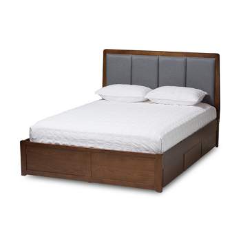 Brannigan Modern and Contemporary Fabric Upholstered Walnut Finished Storage Platform Bed Gray/Brown - Baxton Studio