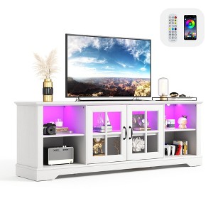 Modern Glass TV Stand for 65" TVs, Entertainment Center with LED Lights, Storage Cabinets & Adjustable Shelves - 1 of 4