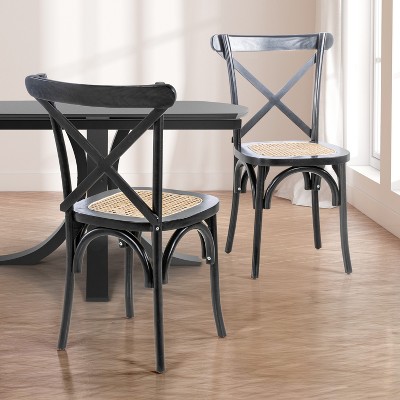 Black High Cross Back Rattan Cane Side Chair Set