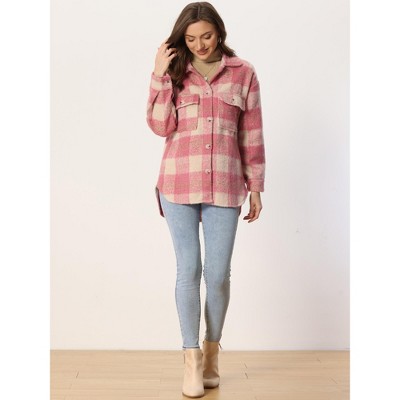 Allegra K Women's Plaid Flap Collar Button Front Pockets Shirt Jackets Pink Medium — фото 2