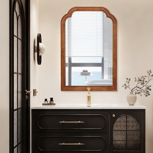 PexFix 24" x 36" Rounded Corner Solid Wood Frame Decorative Mirror Modern Farmhouse Wall Mirror For Bedroom Bathroom Living Room Entryway Brown - 1 of 4