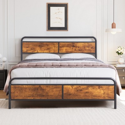 VECELO Full/Queen Size Bed Frame with Wooden Headboard, Metal Bed Platform No Box Spring Needed with Heavy Duty Steel Slat, Brown