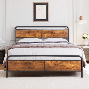 VECELO Full/Queen Size Bed Frame with Wooden Headboard, Metal Bed Platform No Box Spring Needed with Heavy Duty Steel Slat, Brown - 1 of 4