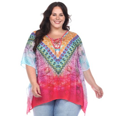 Plus Size Animal Print Caftan with Tie-up Neckline - One Size Fits Most Plus - White Mark