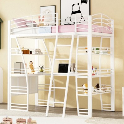 Twin Size Loft Bed with 4 Layers of Shelves and L-shaped Desk, Stylish Metal Frame Bed with a set of Sockets, USB Ports and Wireless Charging, Black