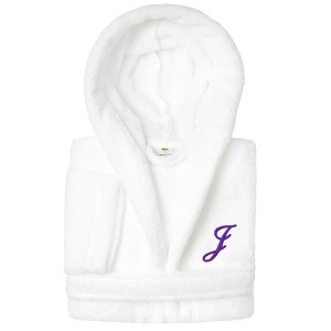 Personalized Linum Kids 100% Polyester SUPER PLUSH Double Brushed Hooded Bathrobe in Purple Script Font - 1 of 3
