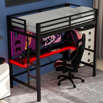 TIRAMISUBEST Twin Size Gaming Metal Loft Bed Frame with LED Light and Desk