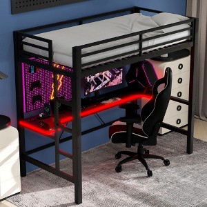 TIRAMISUBEST Twin Size Gaming Metal Loft Bed Frame with LED Light and Desk - 1 of 4