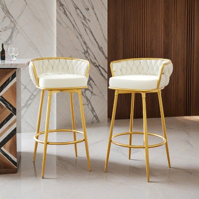 Swivel Counter Height Bar Stools Set of 2,31.5"Bar Height Stools with Hand-Woven Backrest & Gold Metal Legs - Leovsnove