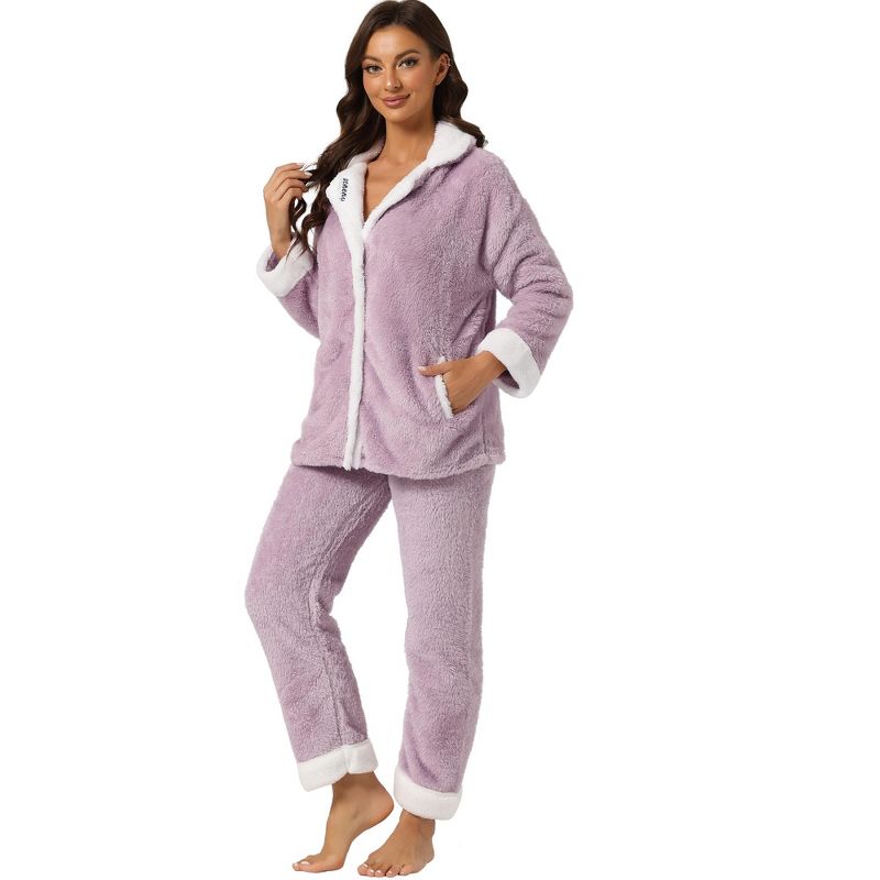 cheibear Women's Flannel Button Down Lounge Warm Winter Long Sleeves Pajama Set, 1 of 6
