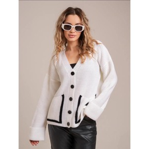 Clearlove Women's Color-Block Knit Cardigan with Contrast Pockets - Relaxed Fit Button-Front Cover-Up - 1 of 4