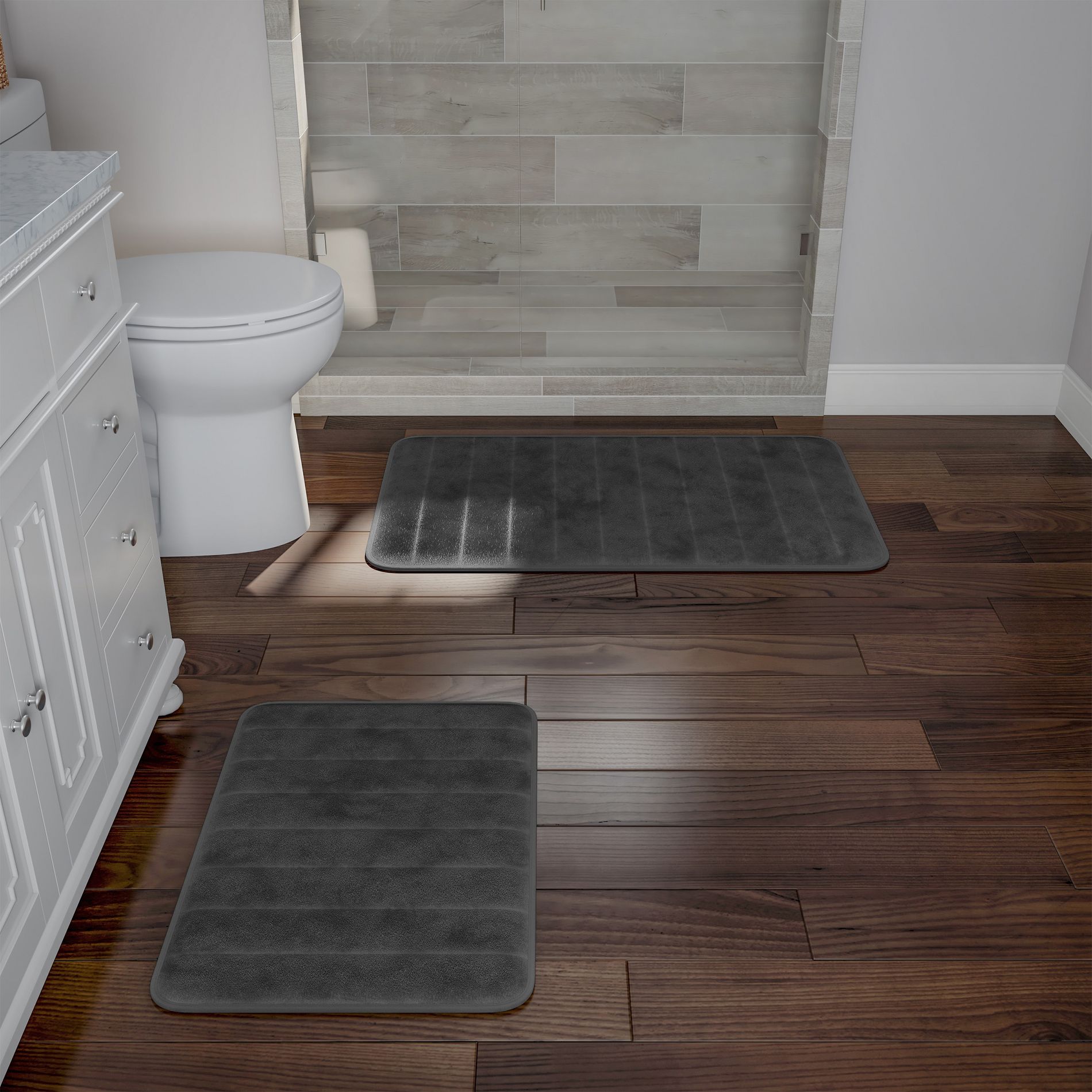 Bathroom Rug Set – 2-Piece Memory Foam Bathmats with Microfiber Top – Non-Slip Absorbent Rugs for Shower, Laundry, or Kitchen by Lavish Home (Gray)