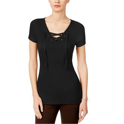 I.N.C International Concepts Womens Lace Up Basic T-Shirt, Black, Small