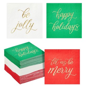 Juvale 102-Pack Christmas Napkins, 3-Ply Disposable Paper Tableware for Holiday Party Supplies, Cocktails, Gold Foil Design, 3 Colors, 5x5 In - 1 of 4